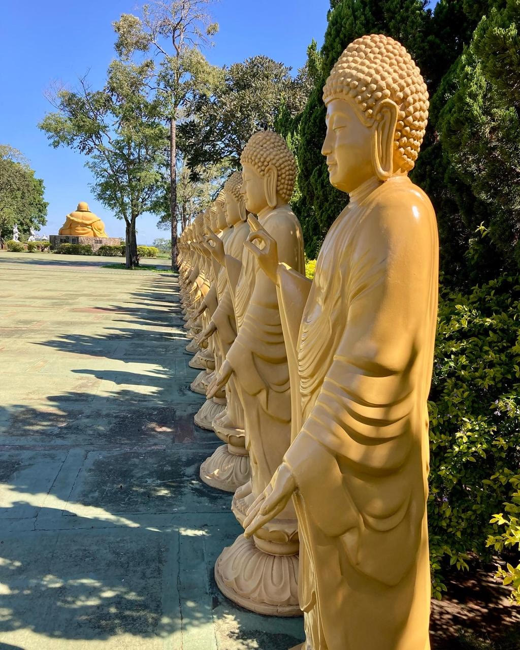 Fileira de estátuas de Buda nos jardins do templo